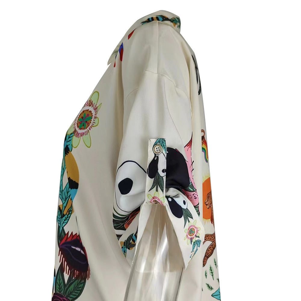 Summer Women Loose Printed Shirt Trousers Two-piece Set 12