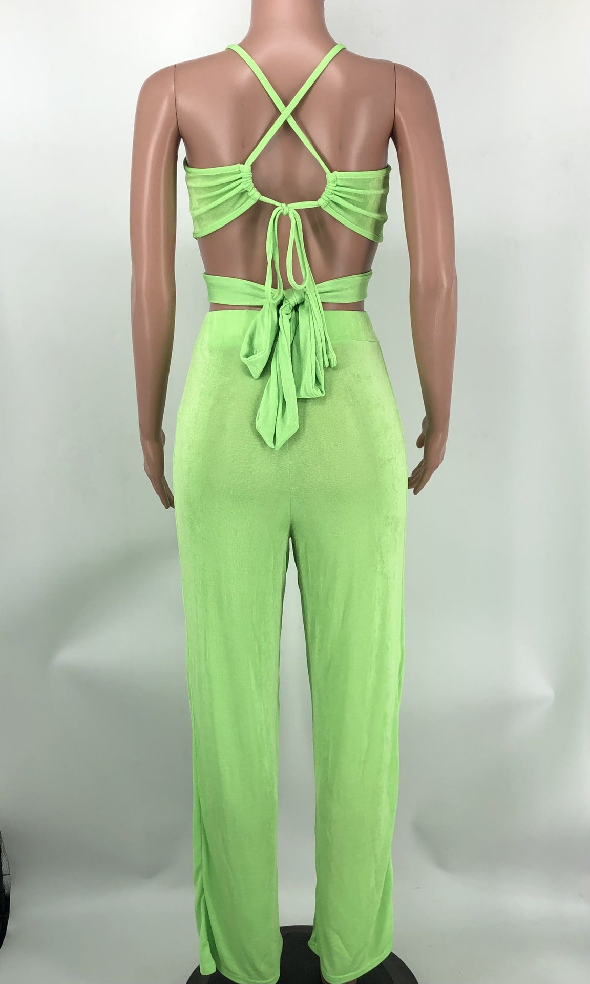 Women Halter Neck Crossover Crop Top andSolid Wide Leg Pants Two-Piece Set 19