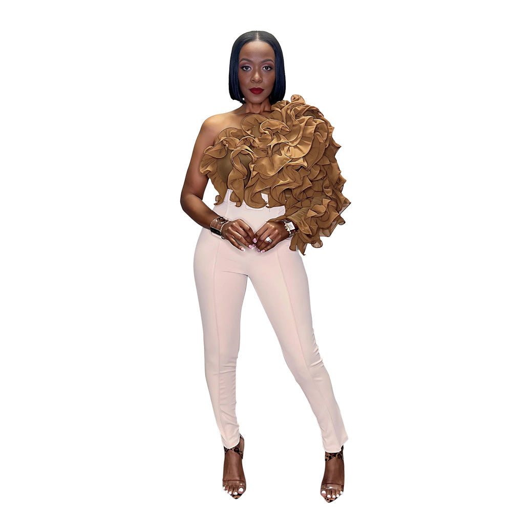 Fashion Solid Color Slash Shoulder Ruffled Top For Women 7