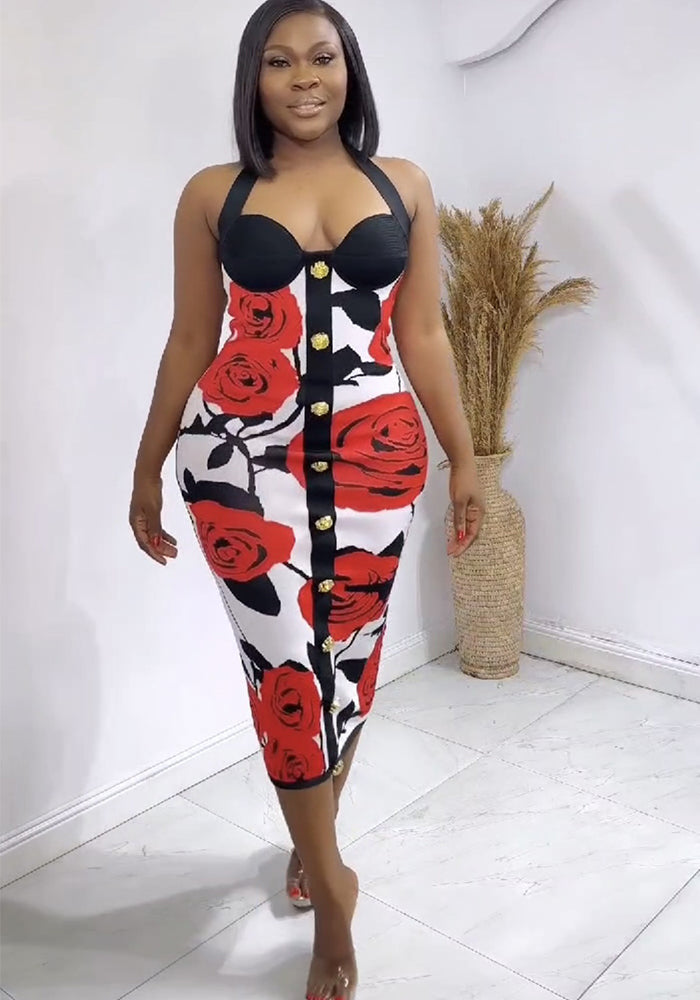 Women Rose Sexy Halter Neck Metal Button Backless Dress