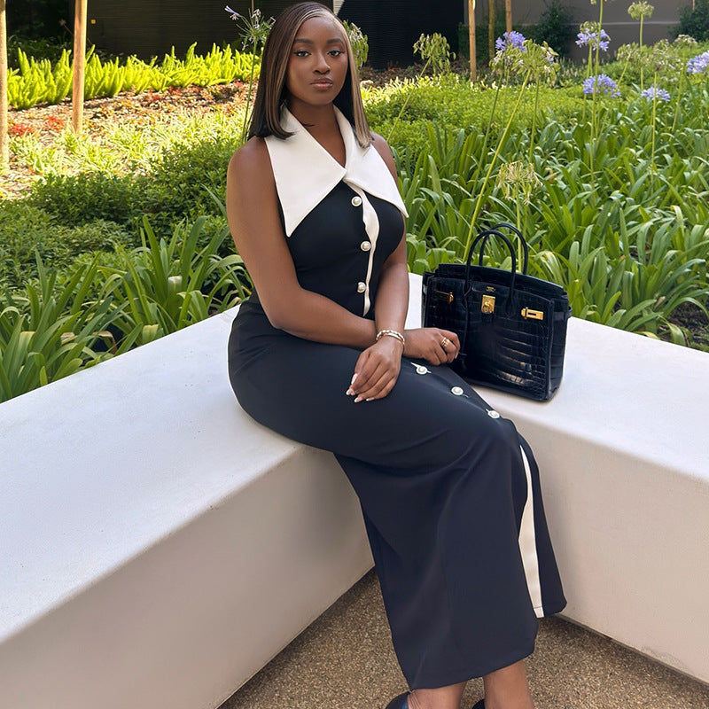 Women dress Turndown Collar color matching button sleeveless Casual Dress 4