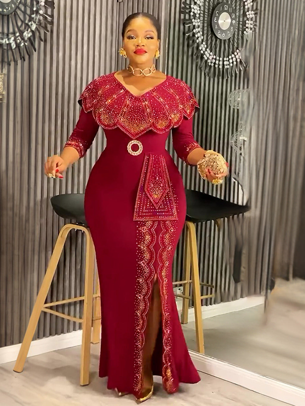 Africa Plus Size Women's Fashion Chic Elegant Formal Party Beaded V-Neck Dress 6