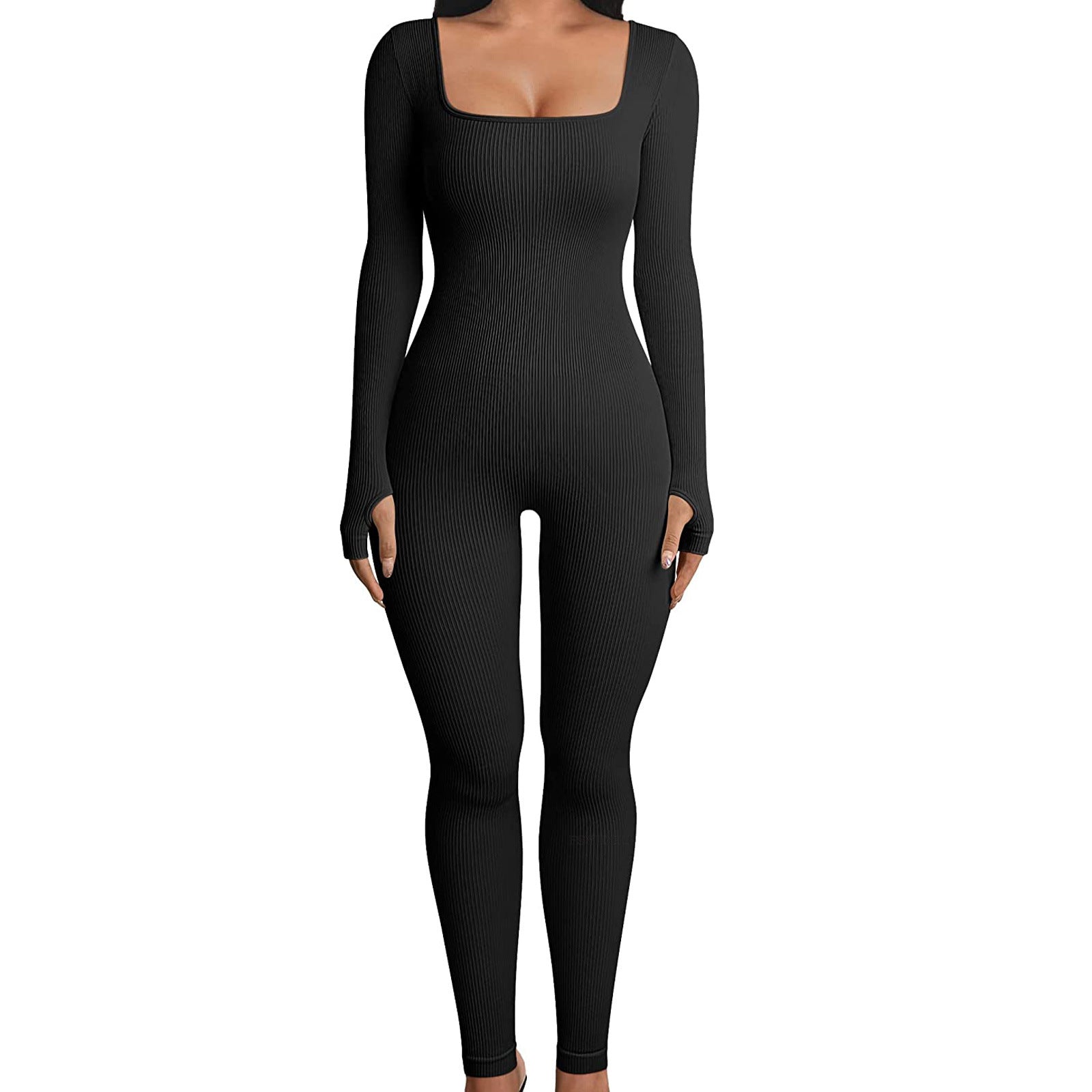 Women Sexy Ribbed Square Neck Slim Jumpsuit