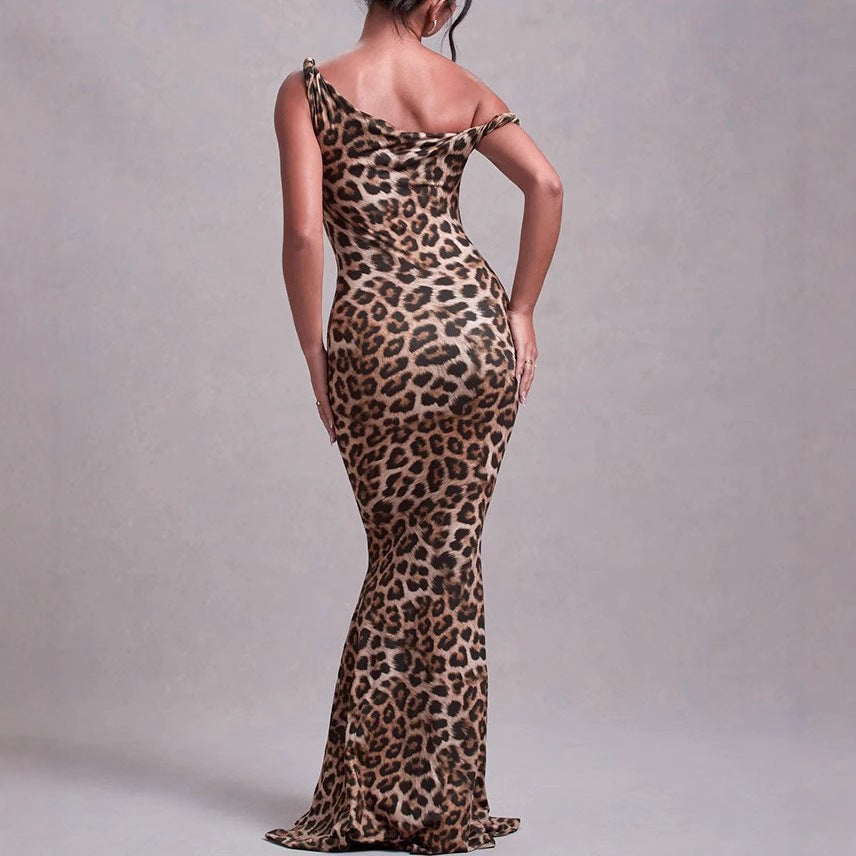 Women Sexy Strap Bcakless Leopard Maxi Dress 7