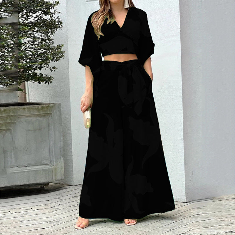 Women v-neck lantern sleeve short top and wide-leg pants two-piece set 11