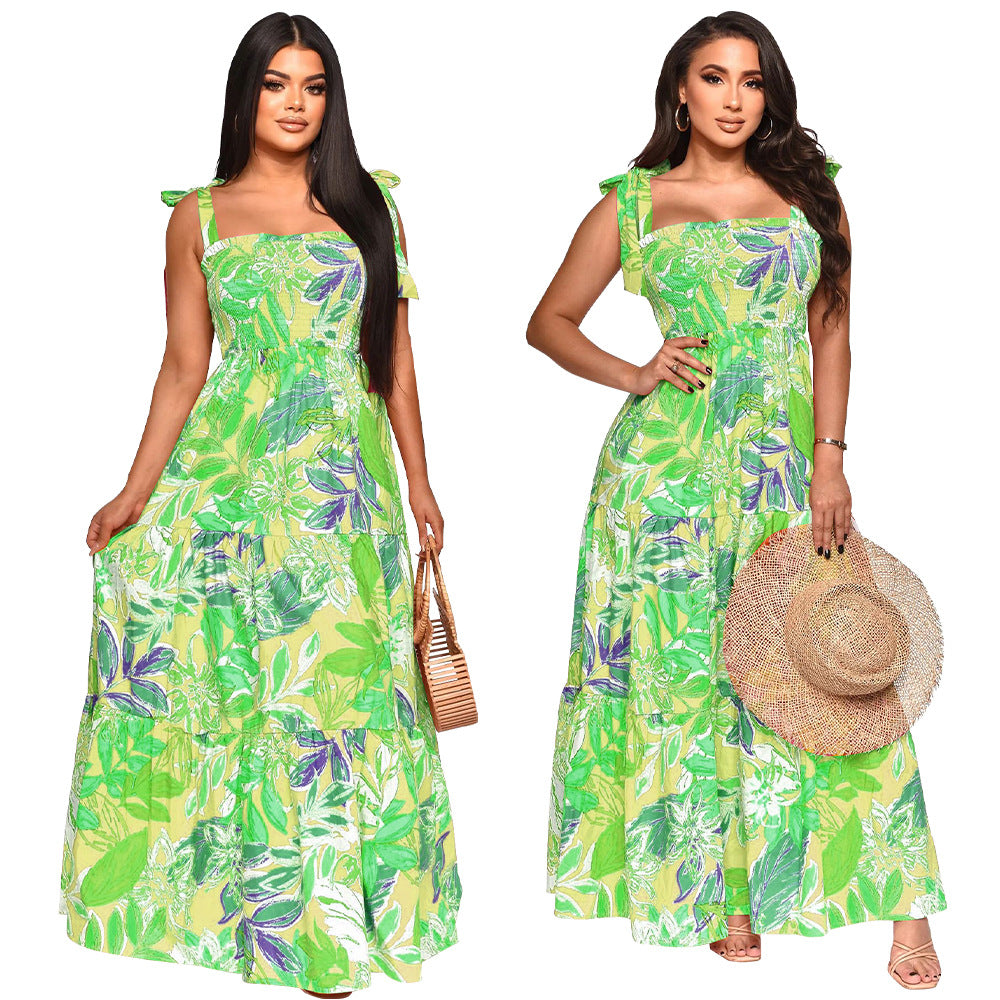 Women Off Shoulder Sleeveless Tie Print Beach Dress 6