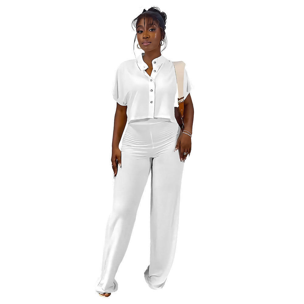 Versatile short Sleeve Shirt top solid color straight women's trousers Casual two-piece set 9