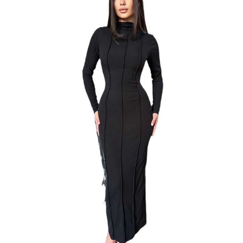 Autumn Fashion Solid Color Tight Fitting Long Sleeve Chic Knitting Women's Bodycon Dress 7