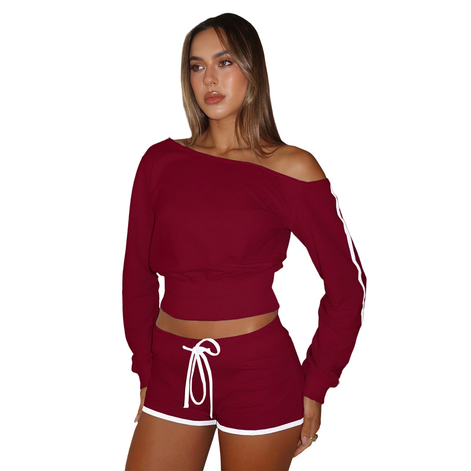 Women's Casual Slash Shoulder Long Sleeve Top Drawstring Shorts Two-Piece Set 41