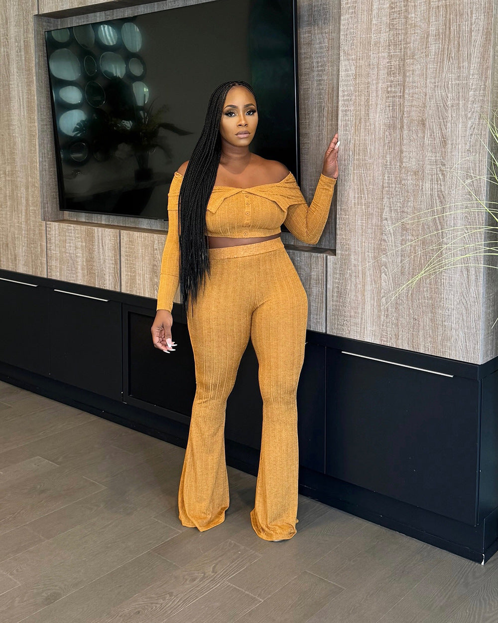 Summer Women's Clothing Solid Color Fashion Off Shoulder Long Sleeve Top Wide Leg Pants Two Piece Set 4