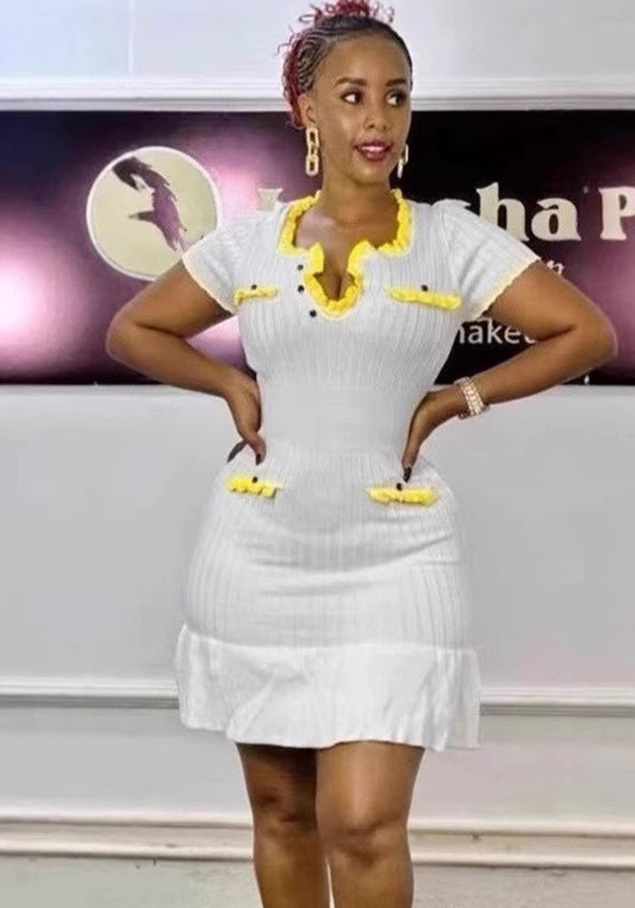 Women's Summer Fashion U-Neck Short Sleeve Ruffle Knit Dress