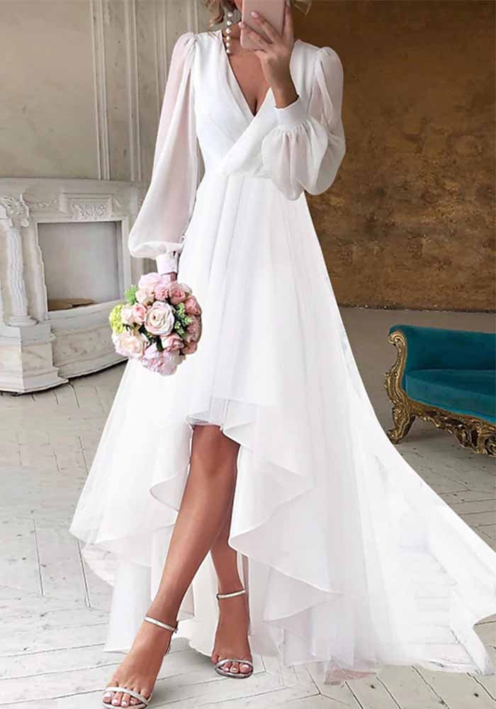 Chic Elegant Solid Color V-Neck Slim Long Sleeve Slim Women's Long Dress