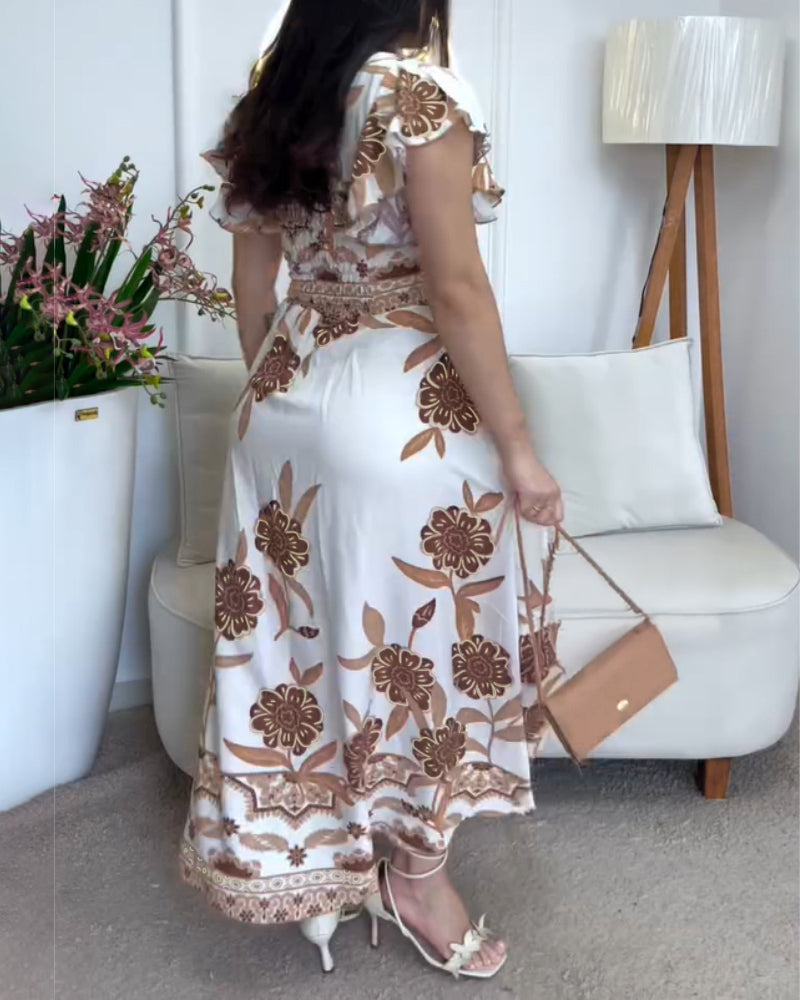 Retro Floral Print V-Neck Ruffle Sleeve Slim Waist Long Dress 3