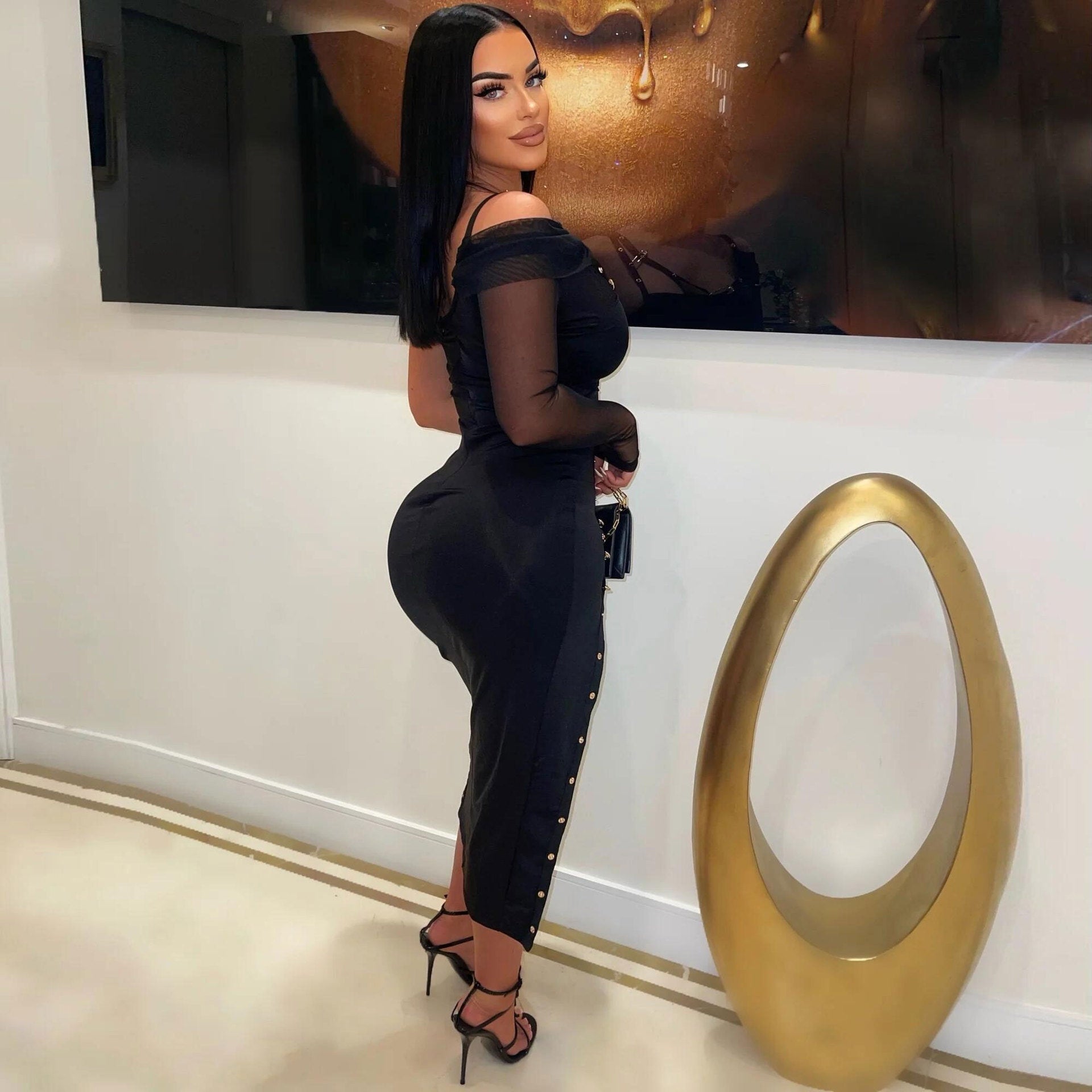 Sexy Solid Color Bodycon Mesh Off Shoulder Slit Hollow See-Through Pin Decoration Dress 5