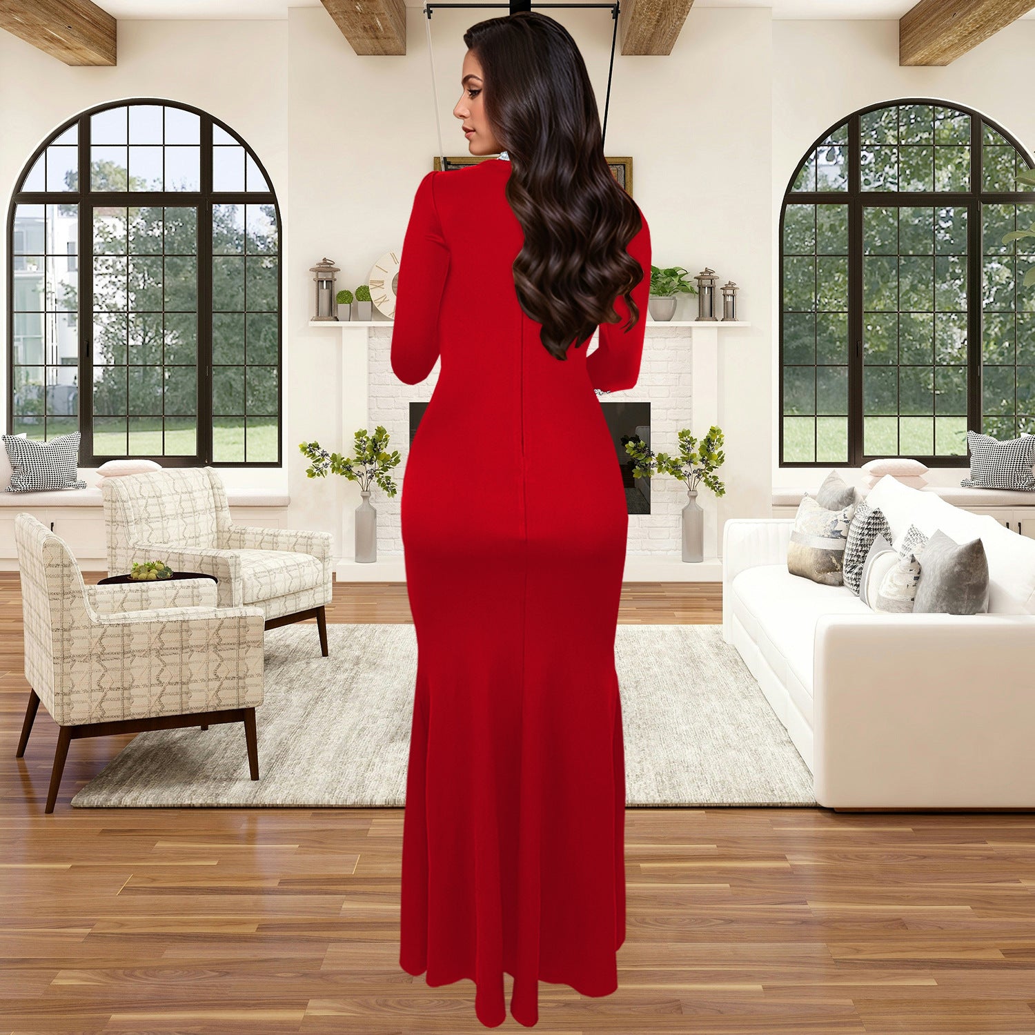 Women Solid Long Sleeve Beaded Slit Dress 4