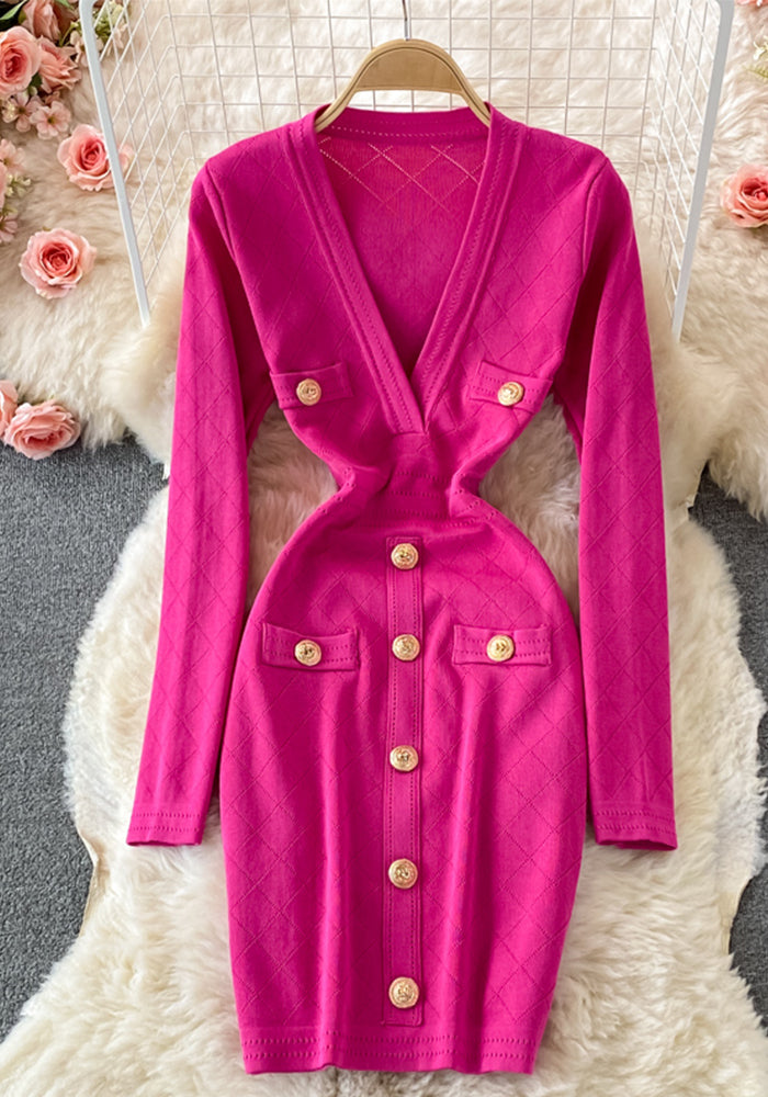 Autumn And Winter Women's V-Neck Long-Sleeved Sweater Dress Slim Fit Bodycon Knitting Dress