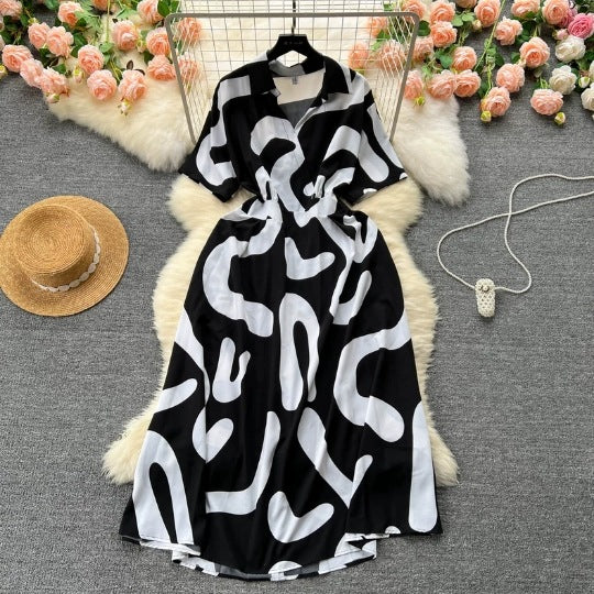 Chic Short-Sleeve Summer Holiday Slim Waist Print Dress 3
