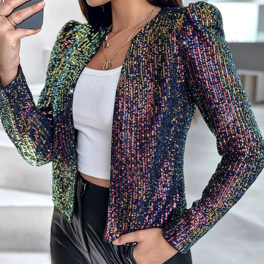 Women Leopard Sequin Long-Sleeved Blazer Coat 5