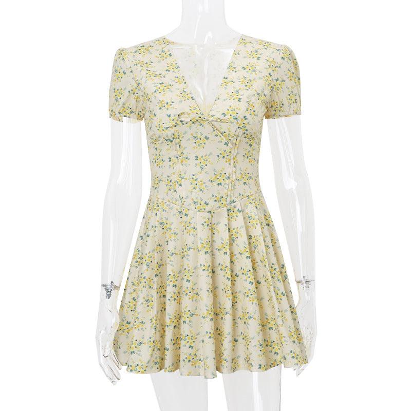 Women summer sexy floral bubble sleeve v-neck French dress 7