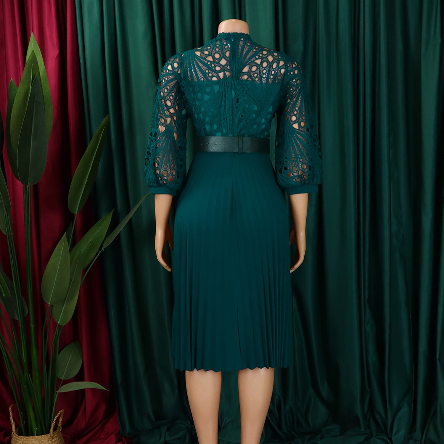 Women Solid lace hook flower hollow pleated dress 12