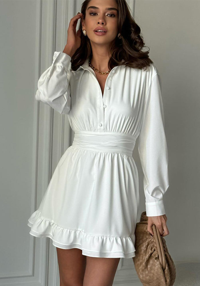 Spring Turndown Collar Long Sleeve A-Line Slim Waist White Ruffle Dress