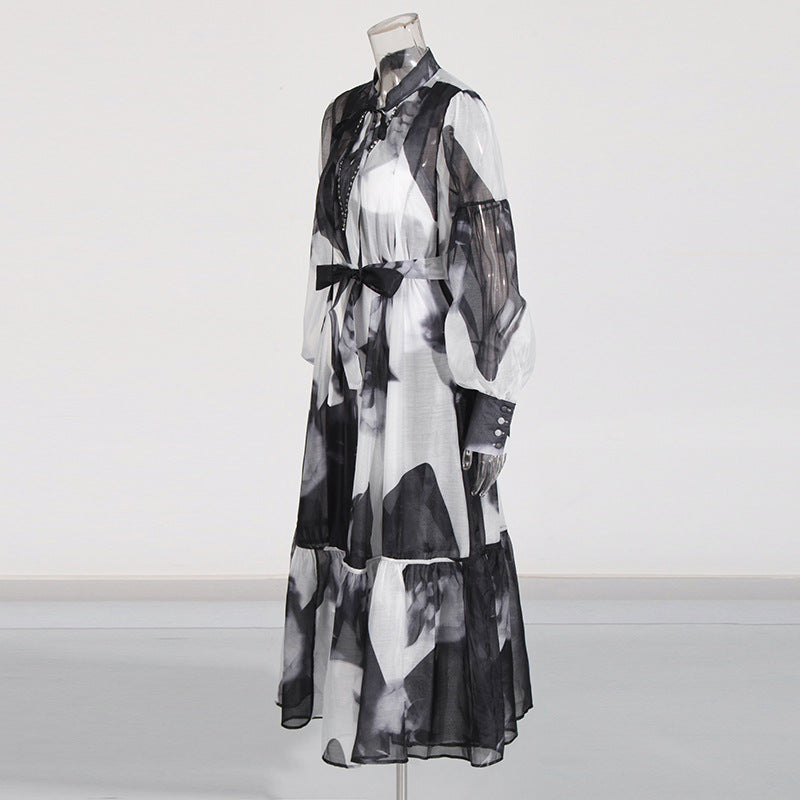 Women Vintage Paint Print Belt V-neck Long Sleeve Dress 23