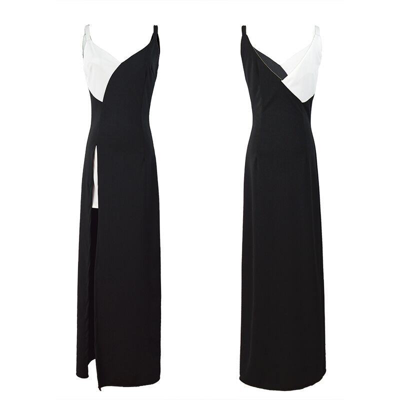 Sexy V-Neck Black And White Patchwork Straps Slit Dress 9