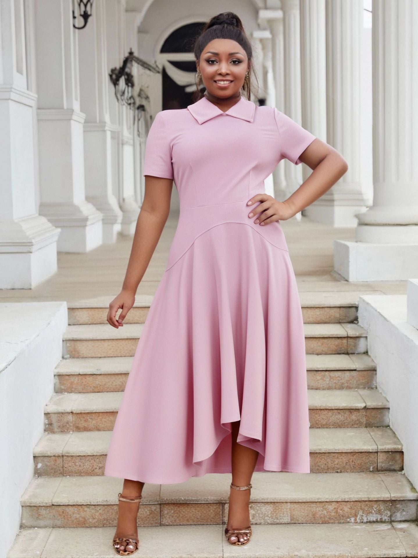 Plus Size Women Turndown Collar Irregular Elegant Dress 3