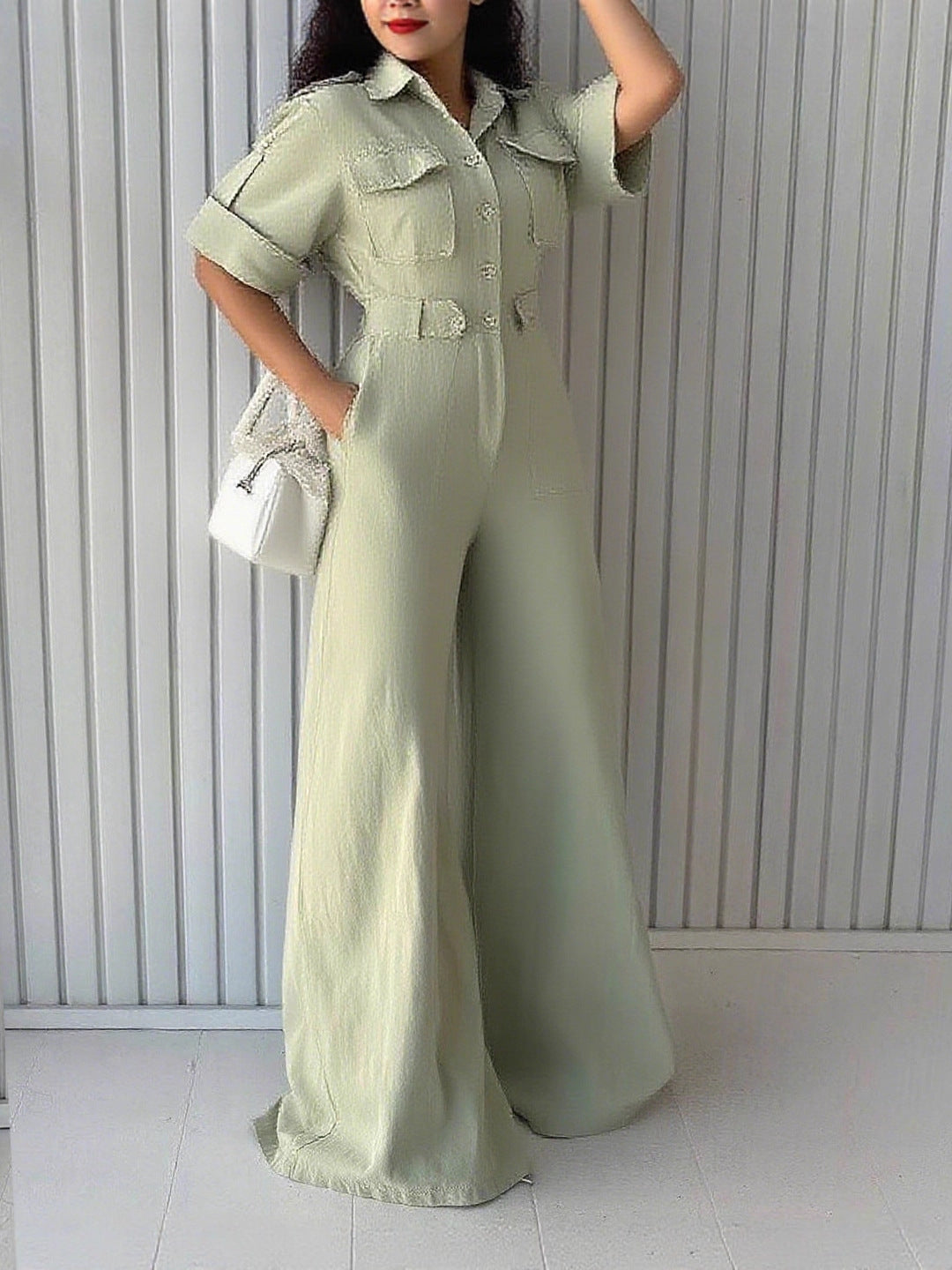 Women Turndown Collar Cargo Wide-Leg Jumpsuit 7