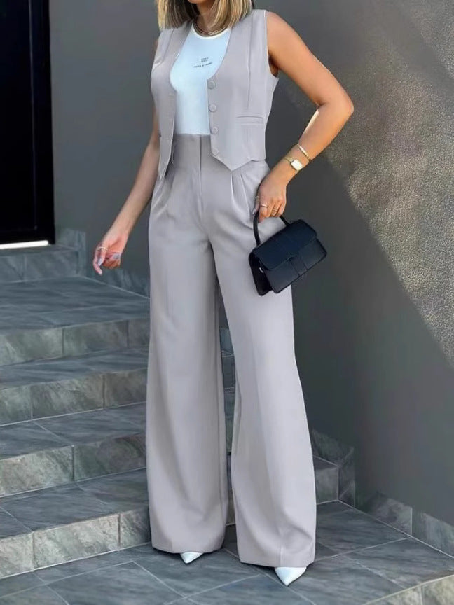 Women's Fashion Solid Color Suit Slim Vest Wide Leg Pants Casual Set
