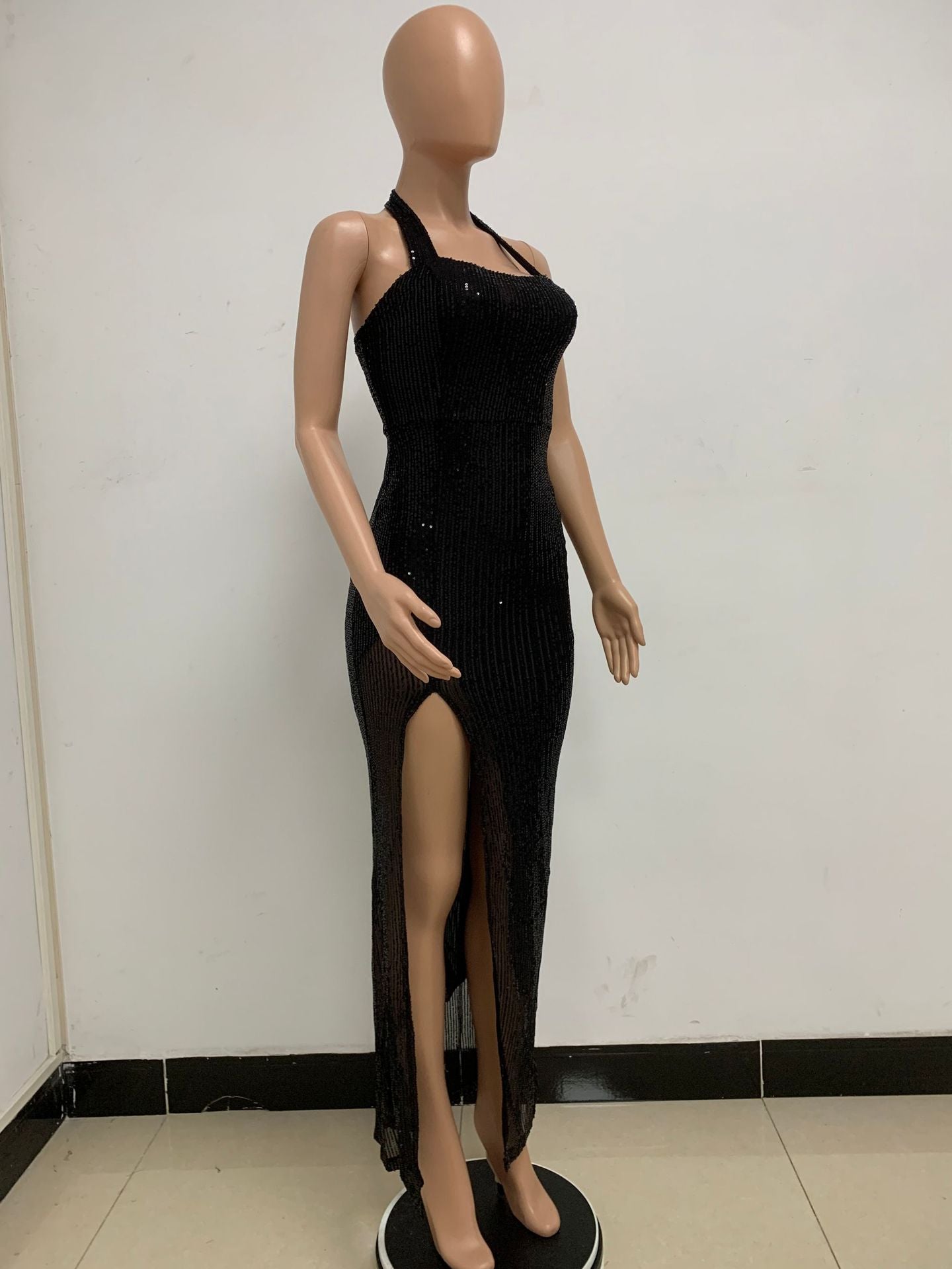 Women Sleeveless Halter Neck Backless Sequin Slit Evening Dress 79