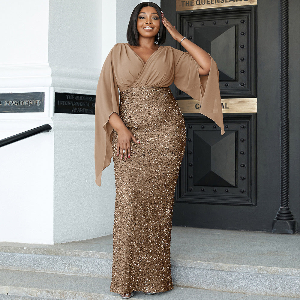Plus Size Chic Sexy Sequined V-Neck Long Sleeve Formal Party Evening Dress Bridesmaid Dress For Women 7