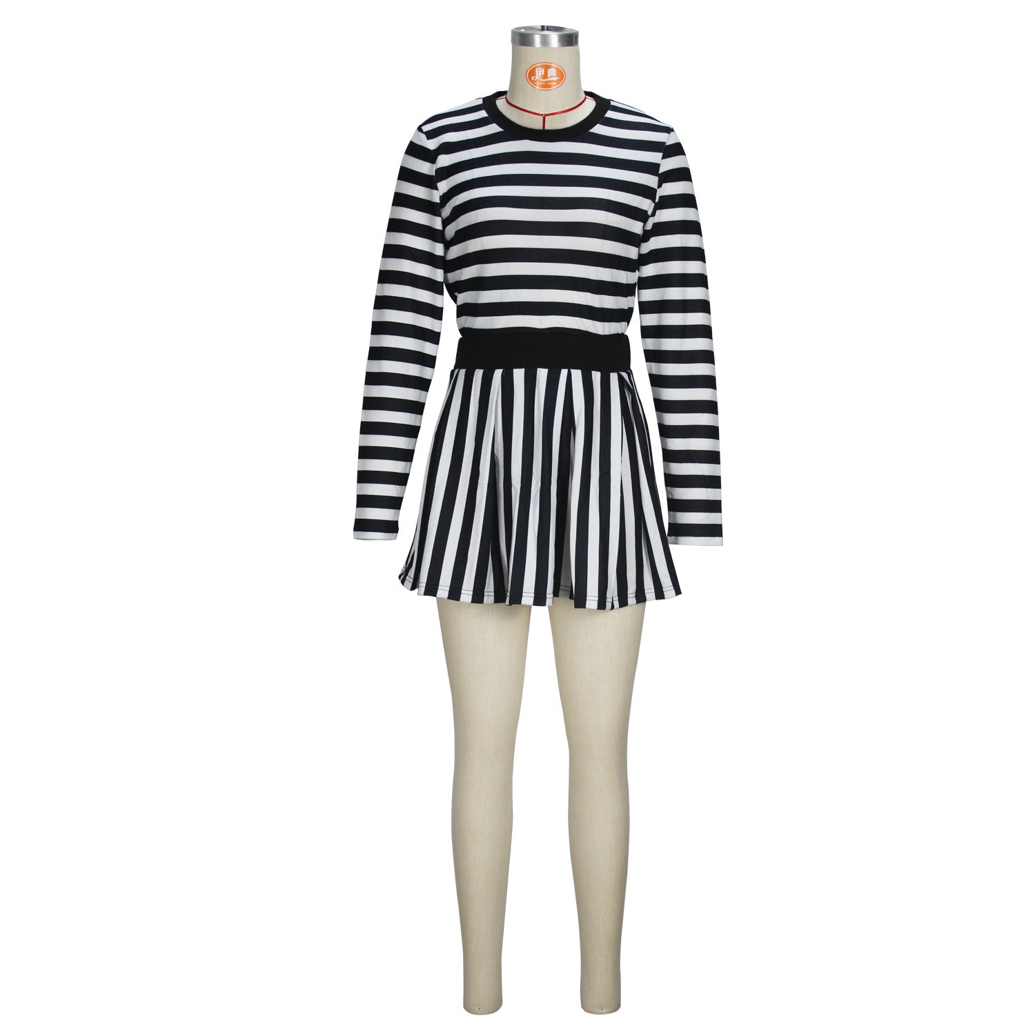 Spring Autumn And Winter Women's Fashion Striped Casual Long Sleeve Round Neck Top Skirt Two-Piece Set 4