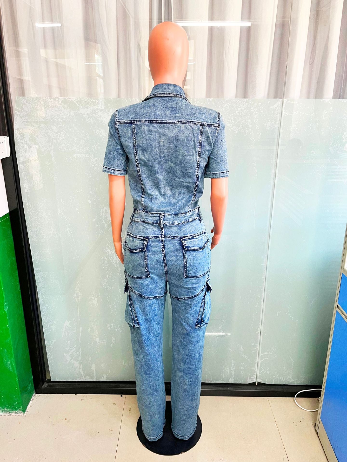 Short Sleeve Tight-Waisted Slim-Fit Stretch-Washed Denim Jumpsuit 9