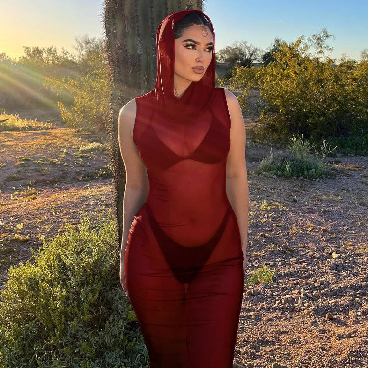Women Casual beach fun See-Through Mesh hooded sexy Maxi Dress 4