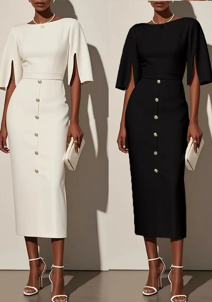 Women Summer Solid Round Neck Slit Button Dress