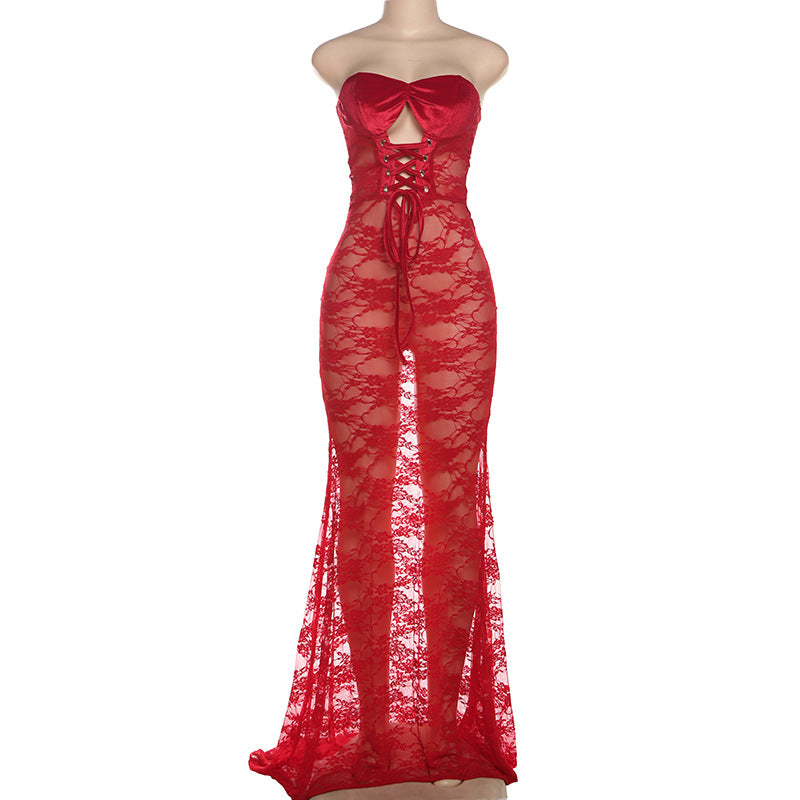 Women Sexy Strapless Lace-Up Lace See-Through Patchwork Bodycon Dress 6