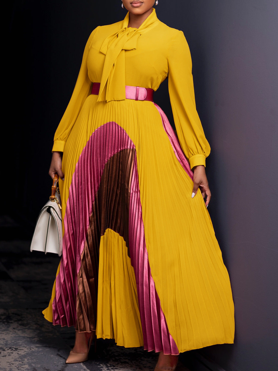 Plus Size Women Autumn Lace-Up Pleated Long Sleeve Colorblock Dress 6