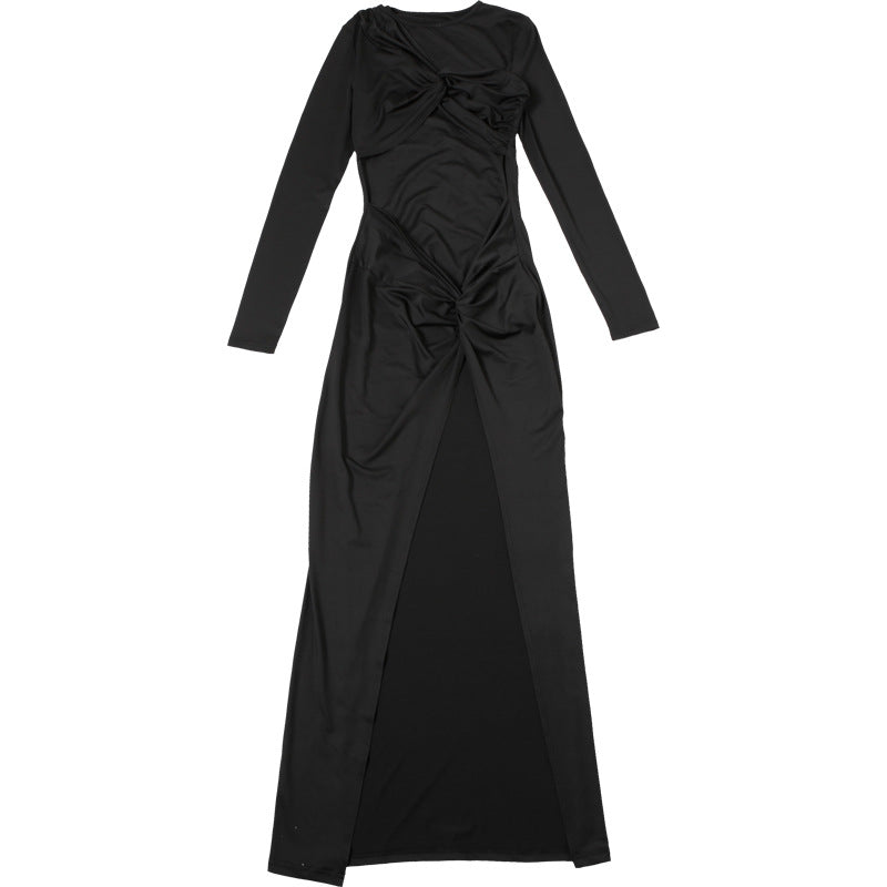 Autumn Fashion Sexy Knot Pleated High Waist Slim High Slit Dress For Women 9