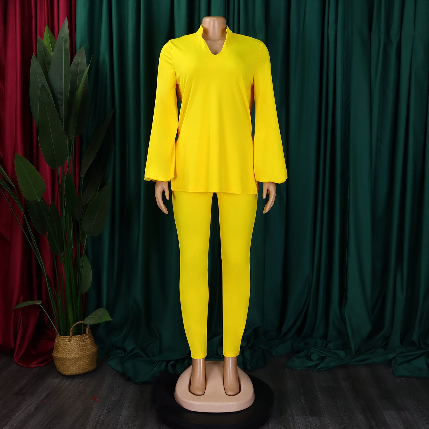 Women's Fall Winter Fashion Solid Color Plus Size V Neck Long Sleeve Top Pants African Suit 13