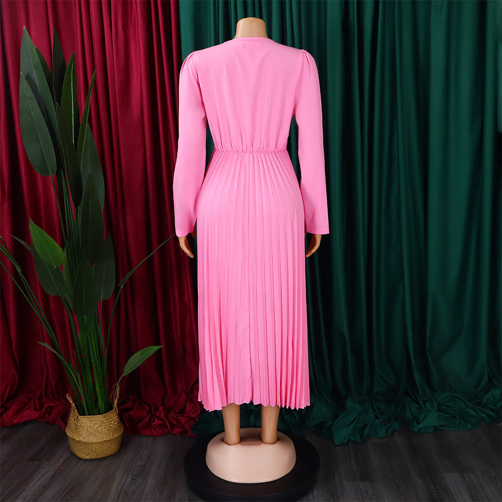 V-Neck Chic Elegant Slim Waist Belted Pleated High Waist Plus Size Dress 40