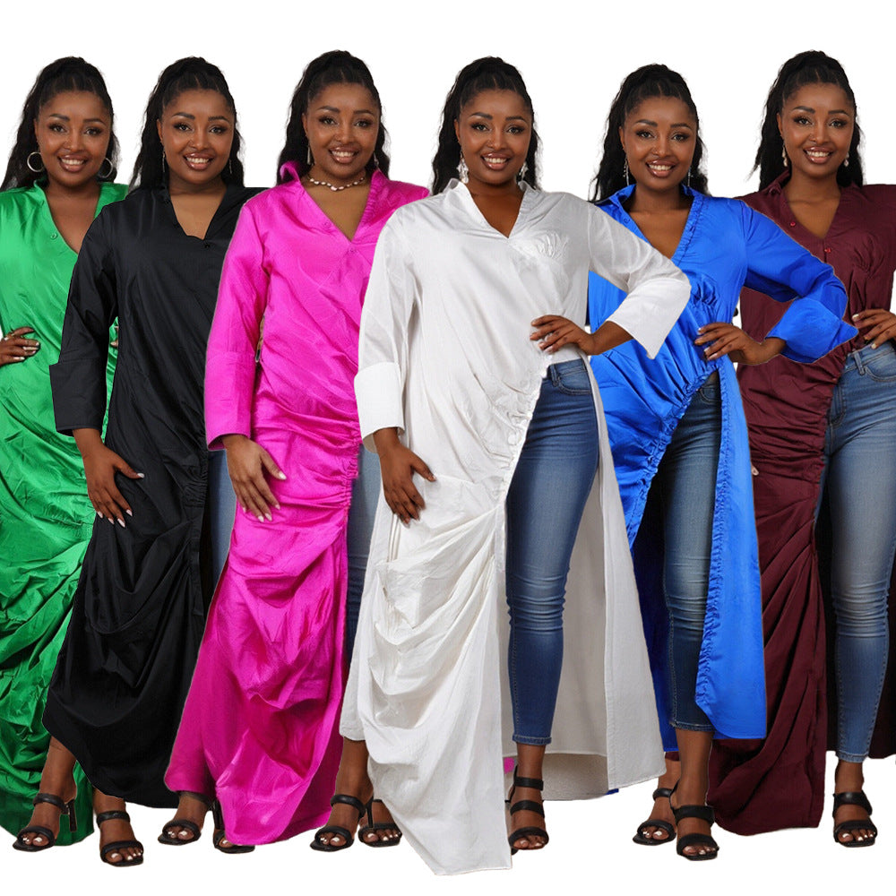 Women sexy V Neck long sleeve pleated Casual dress 15