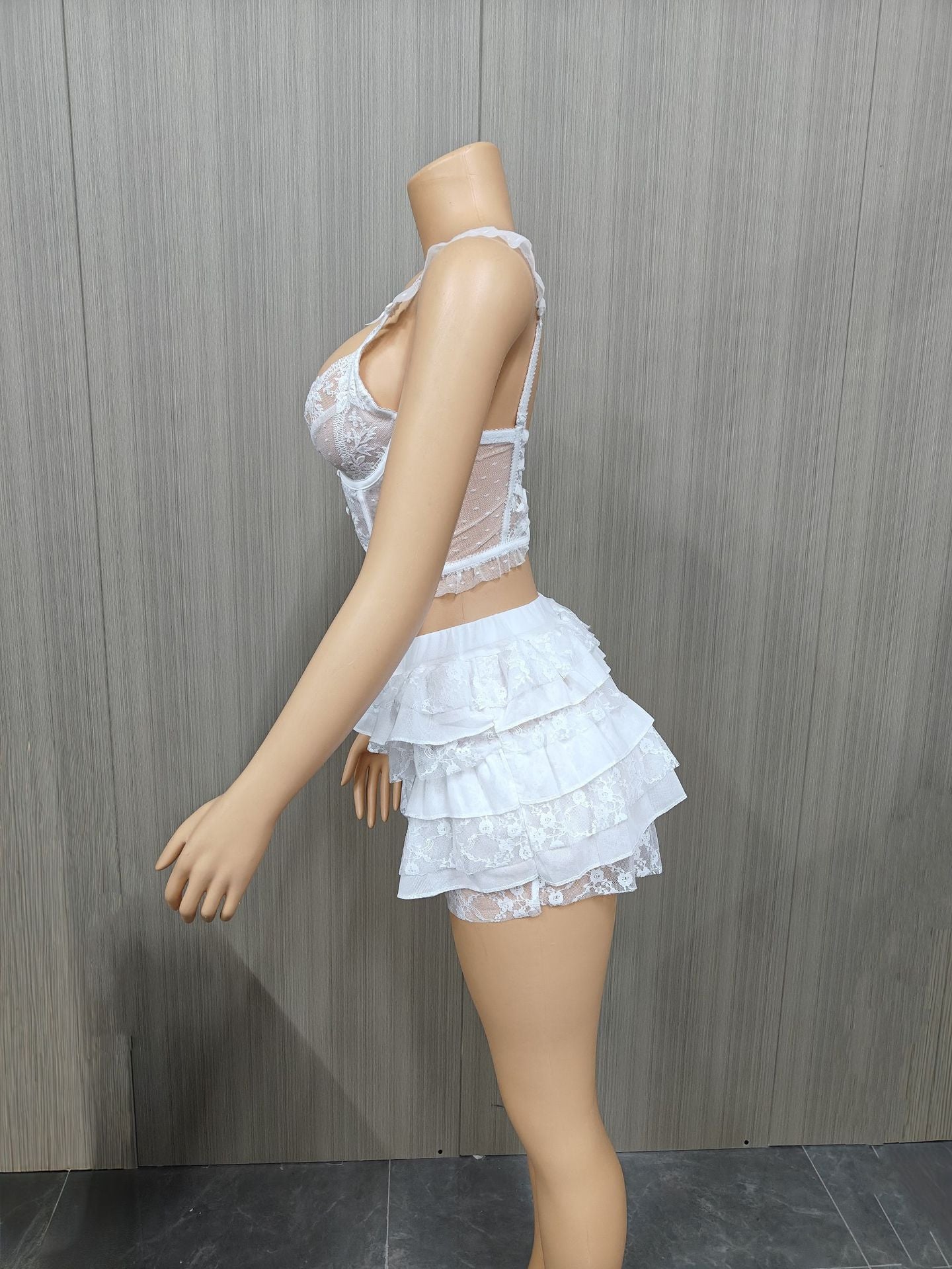 Plus Size Women Summer Sexy Lace Hollow Top and Skir Two-Piece Set 10