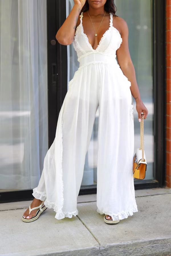 Women's Sexy V-Neck Strap Ruffle Slit Loose Jumpsuit 3