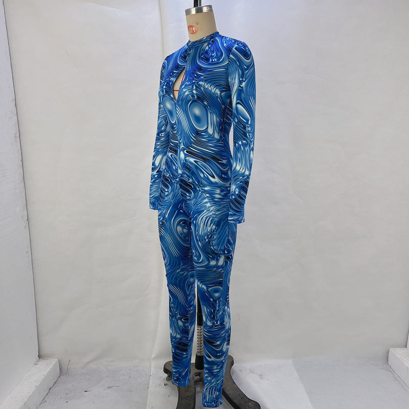 Women Hollow Long Sleeve Backless Printed Jumpsuit 13