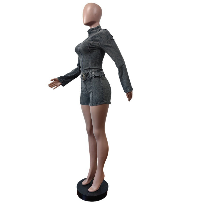 Women long sleeve Top and Denim shorts belt Two Piece Set 8