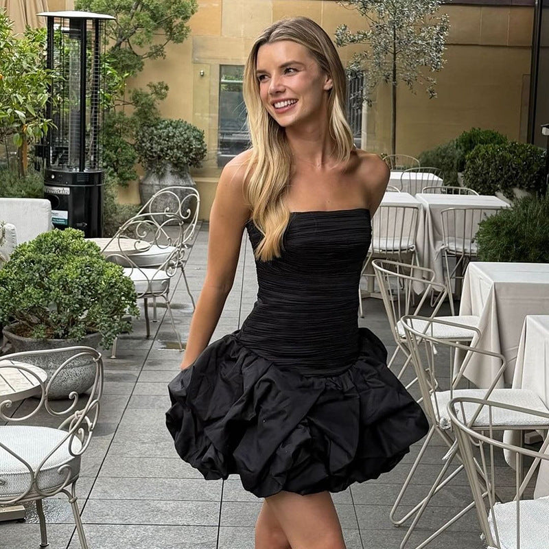 Women spring pleated multi-layer puffy strapless dress 5