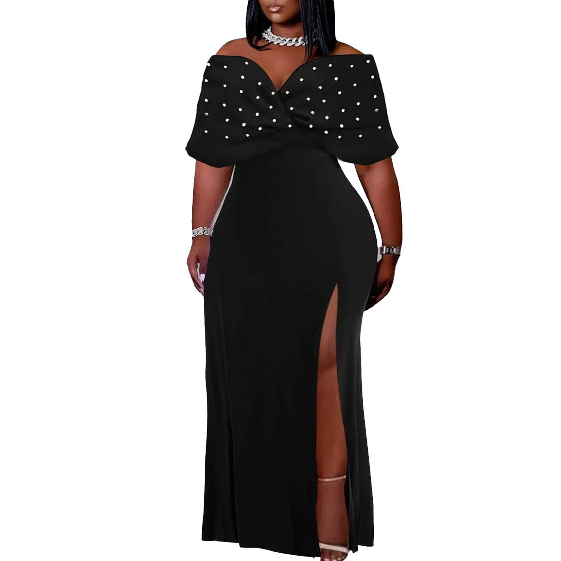Sexy Pearl Off Shoulder Slit Plus Size Dress 7