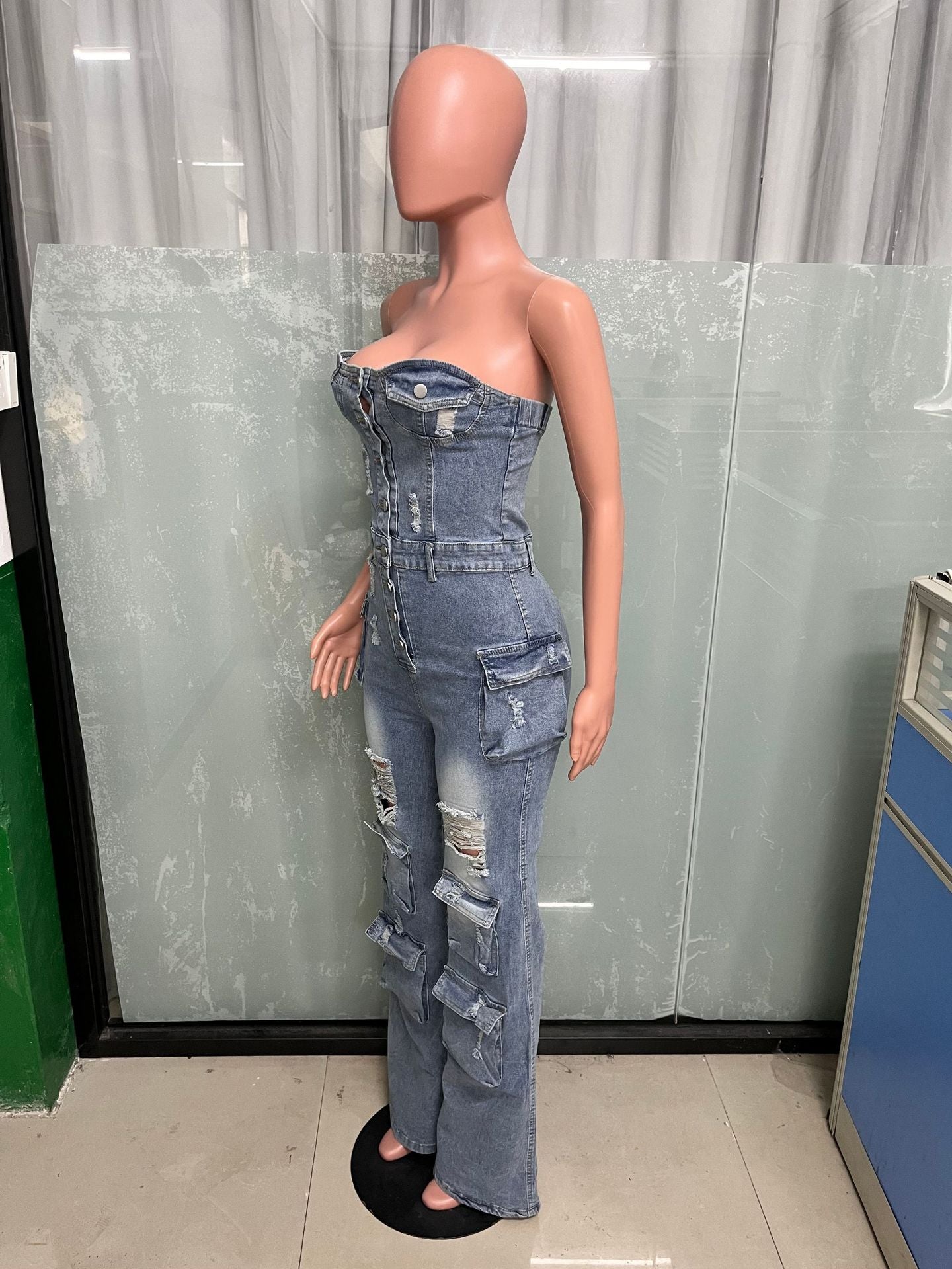 Women Casual Strapless Cargo Denim Jumpsuit 8