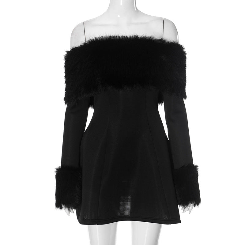 Women Fall Winter Off Shoulder fur collar sexy Dress 6